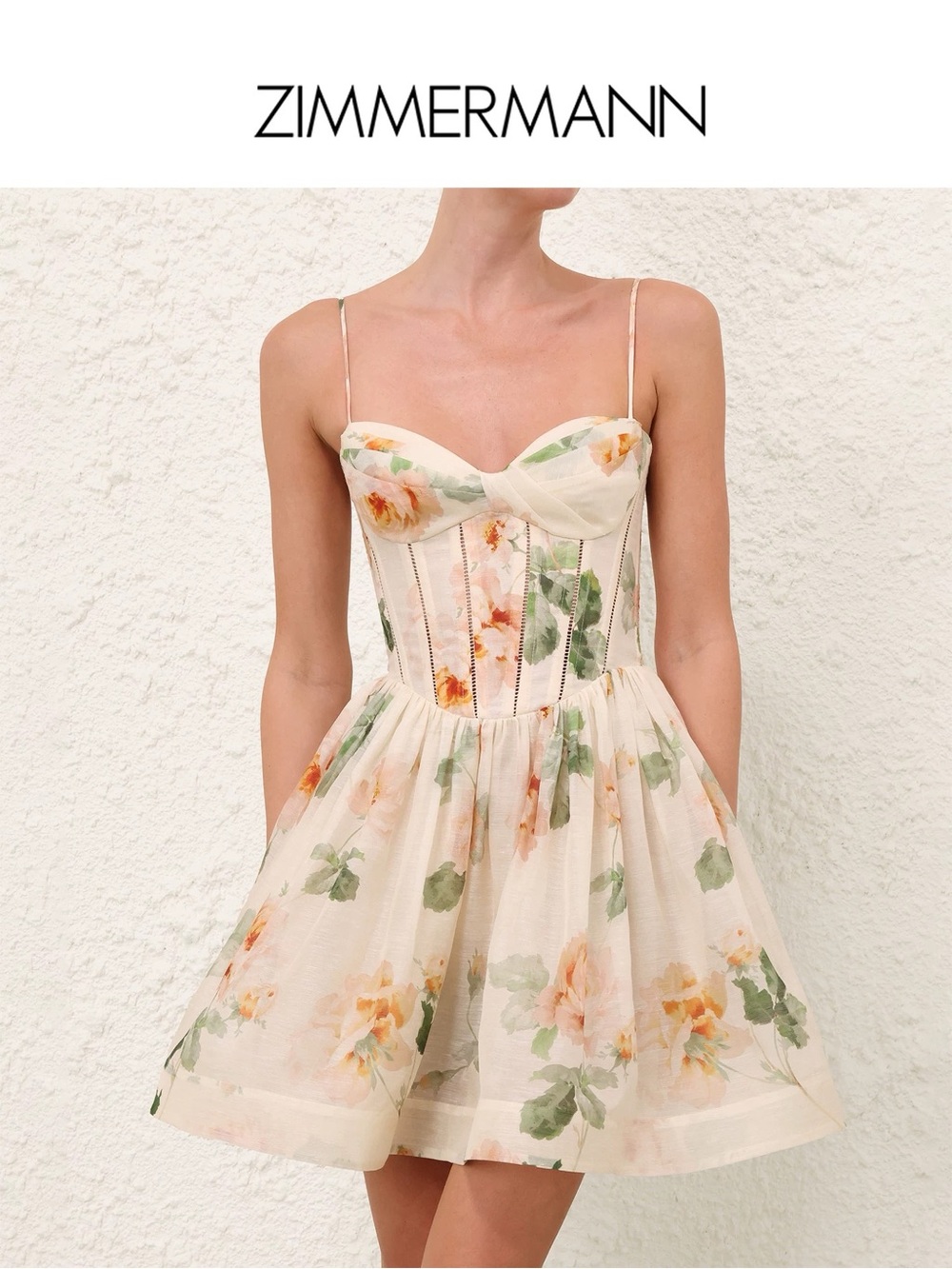 Zimmermann cream floral bustier mini dress with peach and green blooms